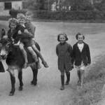 Dearhurst, 1942. Audrey leads the donkey with a full load of evacuees and village children.(see Postscript)
