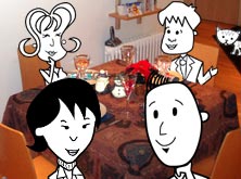 The flatmates having Christmas lunch