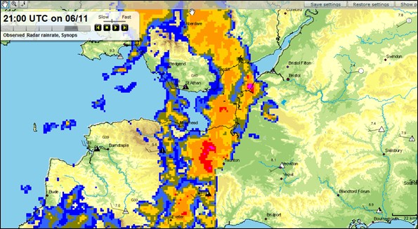 Met Office rainfall radar for the evening of Friday, 6 November 2009