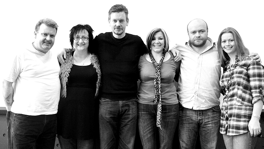 The cast of No Hard Feelings: (l-r) Raymond Mearns, Elaine MacKenzie Ellis, John Gordon Sinclair, Julie Coombe, David Walker and Kathleen McDermott.