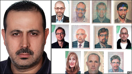 Mahmoud al-Mabhouh (left) and pictures released by Dubai Police showing the identity photos of the 11 suspects they are searching for
