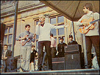 Adam Faith and The Roulettes on the steps of Longleat House