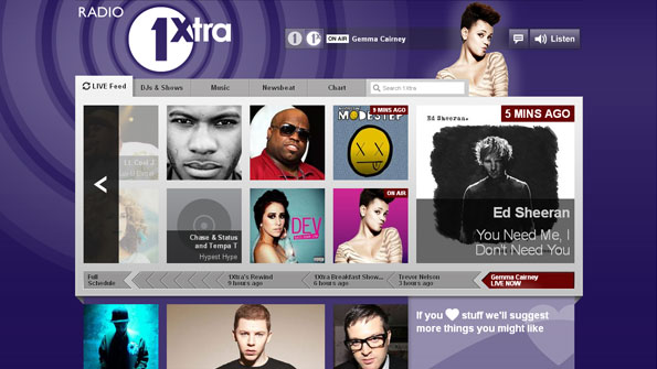 Grab of beta 1Xtra home page, with latest programme snippets streaming from right to left.