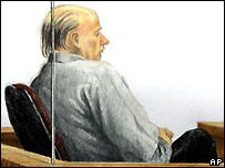 Ilustração mostra Pickton no tribunal