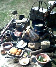 A varied selection of fruit and meats ready for the Viking cooking pot