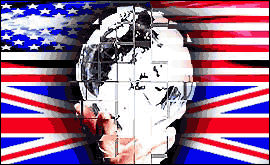 globe being held in a hand with union flag and stars and stripes in background