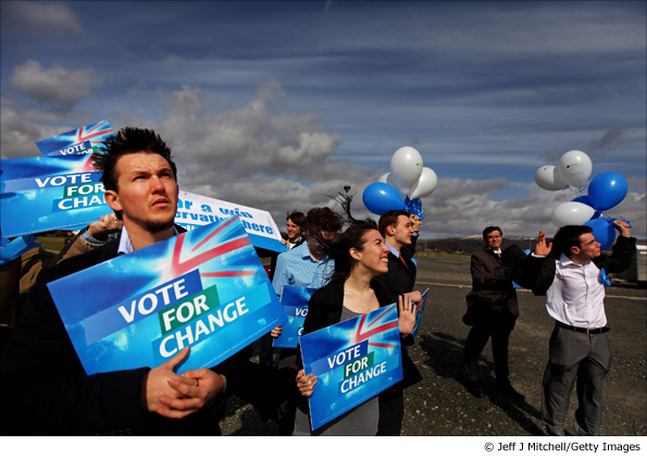 Conservative party activists wave to a helicopter carrying William Hague and Annabel Goldie in Stirling