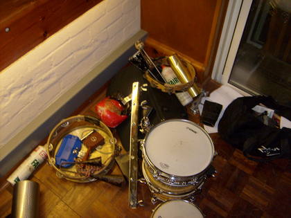 Preston's percussion corner - check the Fairy Liquid bottles filled with rice