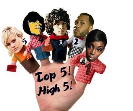 5: Duffy, 4: Sam Sparro, 3: Kooks, 2: Flo Rida 1: Estelle