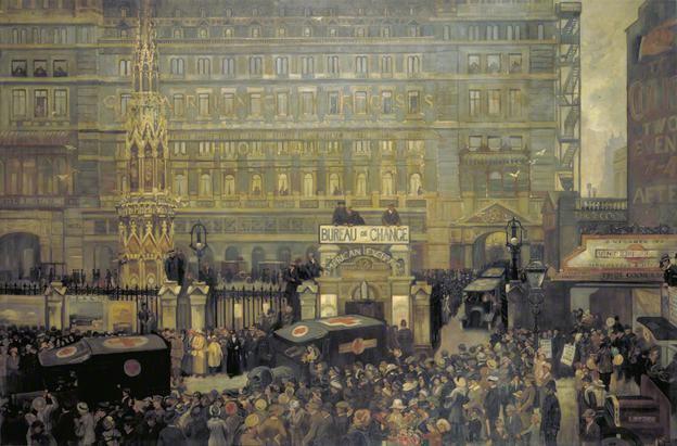 Outside Charing Cross Station, July 1916: Casualties from the Battle of the Somme Arriving in London (John Hodgson Lobley, 1918) from Imperial War Museum