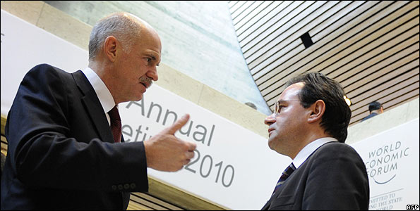 Greek Prime Minister George Papandreou (left) with Finance Minister George Papaconstantinou in Davos, 29 Jan 10