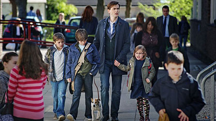 (L-R) Robert Dickson as Ewan, Chris Hegarty as Paul, David Tennant as Dave and Millie Innes as Evie