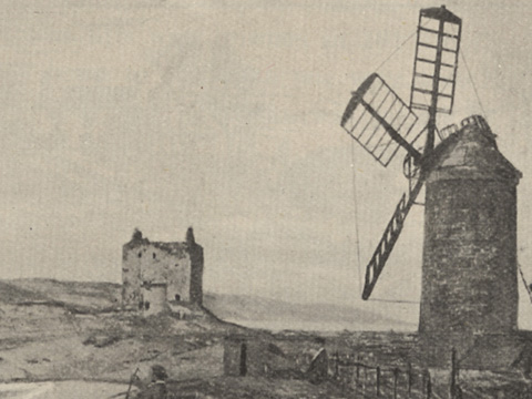 Black and white sketch view across bay tower house beyond. To the left stands a tower windmill.