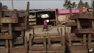 Photo shows a deserted market place in Abidjan.