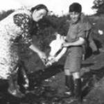 Ron Hicks helping the farmers wife to feed the chickens on the farm where he was hosted as an evacuee in 1941.