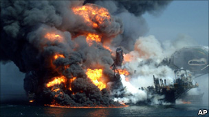The oil rig Deepwater Horizon on fire in the Gulf of Mexico