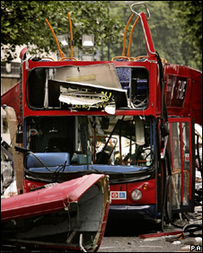Bus in Tavistock Square destroyed by bomb, 7 July 2005