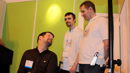 Laurence Clark performed a short stand-up set on two of the three days. Here he is sharing a joke with Ouch's editor, Damon Rose