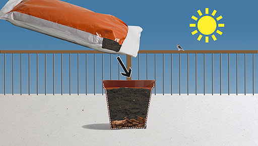 A cross section of pot showing broken crocks in the bottom.