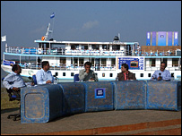 Panel of Bangladesh politicians in front of BBC boat