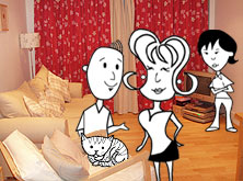 Michal, a cat, Alice and Helen in the sitting room