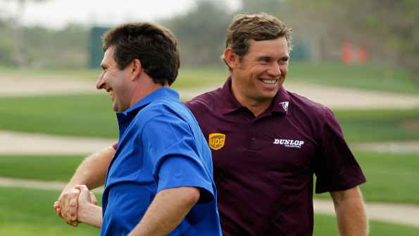 Lee Westwood of England with Jose Maria Olazabal of Spain