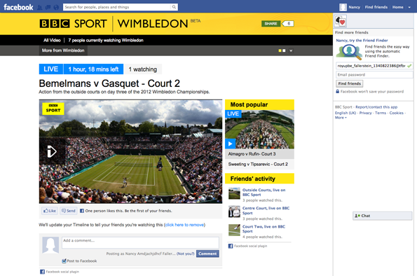 BBC Sport app beta, showing Wimbledon. You're watching Bemelmans vs Gasquet, as are four of your friends. Court 3 is the most popular.