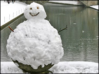 A snowman on Claire College bridge, photo N Baker