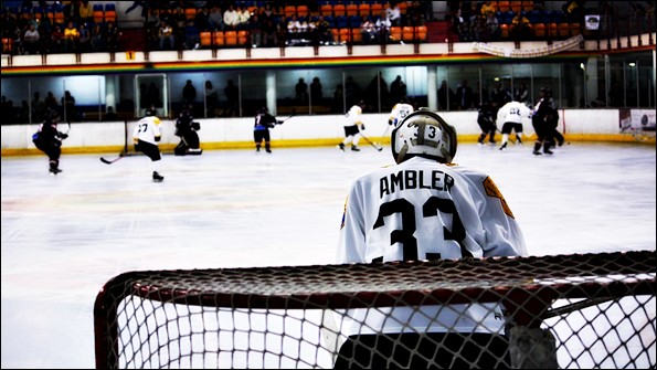 Bracknell goalie Carl Ambler watches action at the other end of the rink