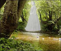 A ghostly figure floats above a river
