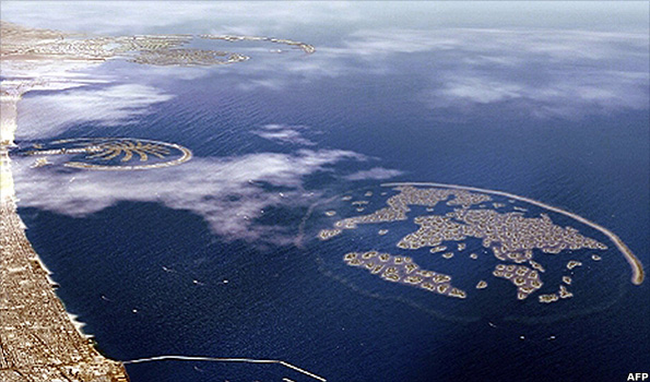 Aerial view of the The World and Palm islands off the coast of Dubai