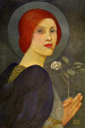 A red-haired angel with halo and dark wings, holding a white rosebud