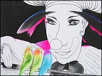 Clown with violin and three budgies (detail)