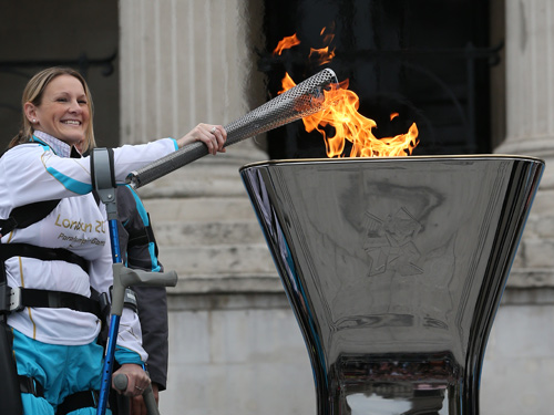 Claire Lomas lights the Paralympic cauldron in Trafalgar Square