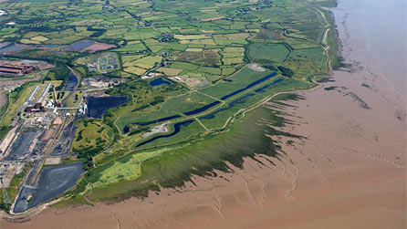 An aerial view over Newport Wetlands by CCW