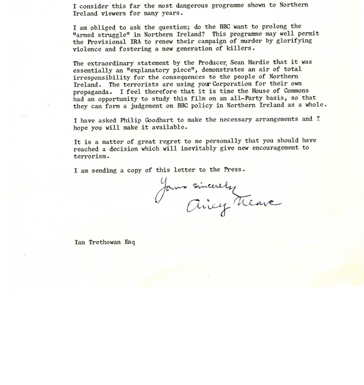 Letter From Airey Neave MP to Ian Trethowan about Tonight programme, 1977