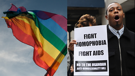 Right: Sexual Minorities Uganda and a coalition of groups protest against the proposed anti-homosexuality bill in Uganda in front of the Ugandan Mission to the United Nations in New York. Photo credit: STAN HONDA/AFP/Getty Images