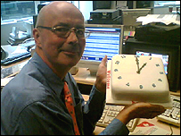 BBC presenter Nick Clarke, pictured with a cake on his return to the BBC