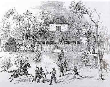 Contemporary depiction of a skirmish between government troops and Sinhalese rebels during the brief uprising of 1848