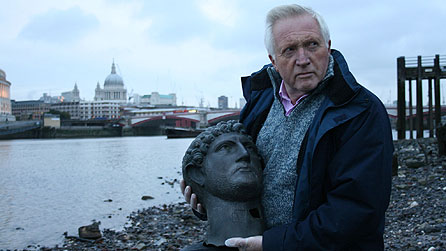 Seven Ages Of Britain: David Dimbleby on the banks of the Thames with a cast of Hadrian's head