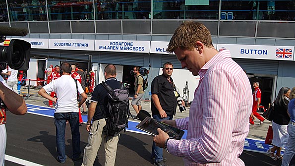 Jake Humphrey notes down the finishing order after the Italian Grand Prix
