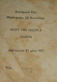 Ticket for Queen at Swansea's Brangwyn Hall