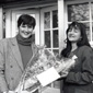 Linda receiving some flowers at the opening of the BBC Enniskillen studio