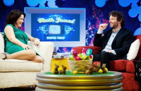 Ruth Jones chats to Michael Sheen. Photo: BBC/Tidy Productions Ltd