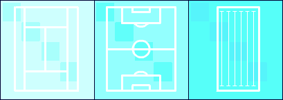 Plan views of a tennis court, a football pitch and a swimming pool