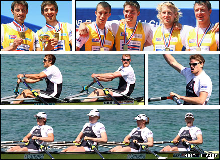Clockwise from top left - lightweight double, coxless four from Munich, sculler Alan Campbell, women's quad, openweight double 
