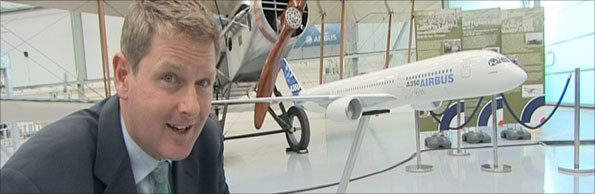 Dave Harvey with a model of the A350 at Filton