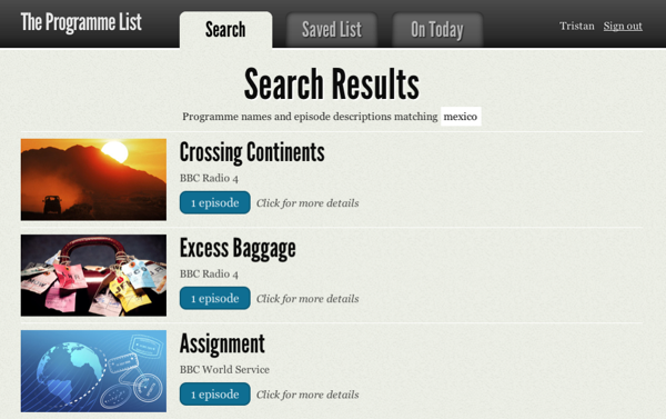 The Search page for The Programme List