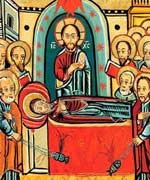 Haloed saints swinging thuribles of incense surround the body of Mary, shown lying at rest with a large halo