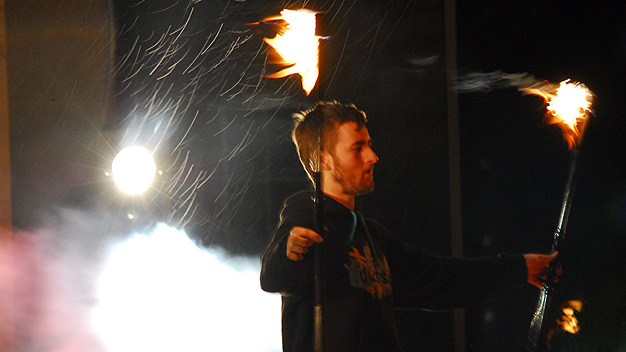 It's a typical Glasgow January evening! The flame throwers battled with the wet and windy conditions.